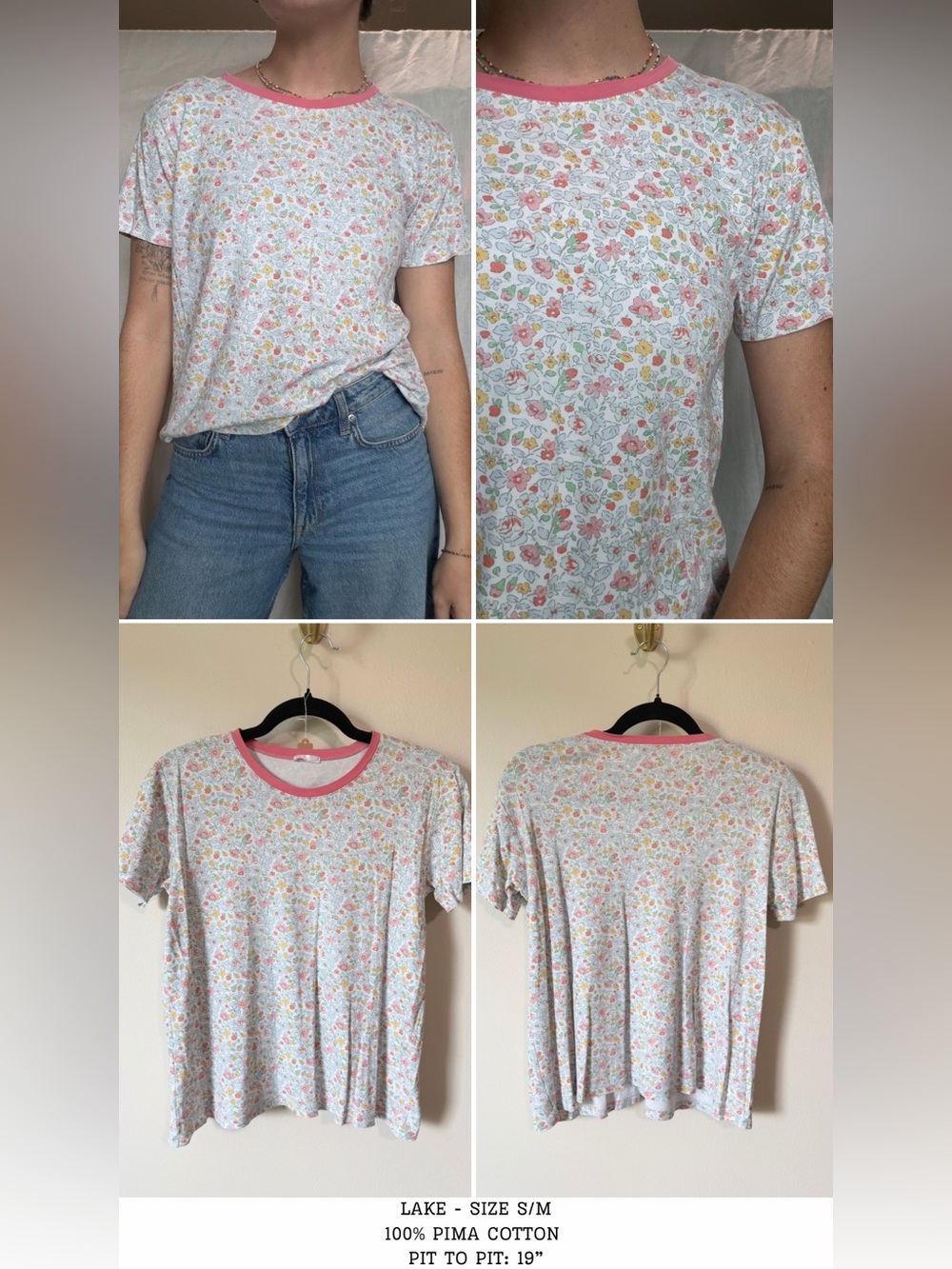 LAKE pink blue all over floral tee shirt size S 100% pima cotton - Picture 3 of 4